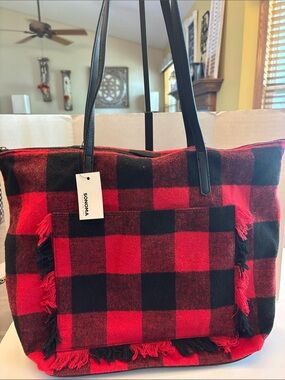 SONOMA Red and Black Buffalo Plaid Fringe Tote